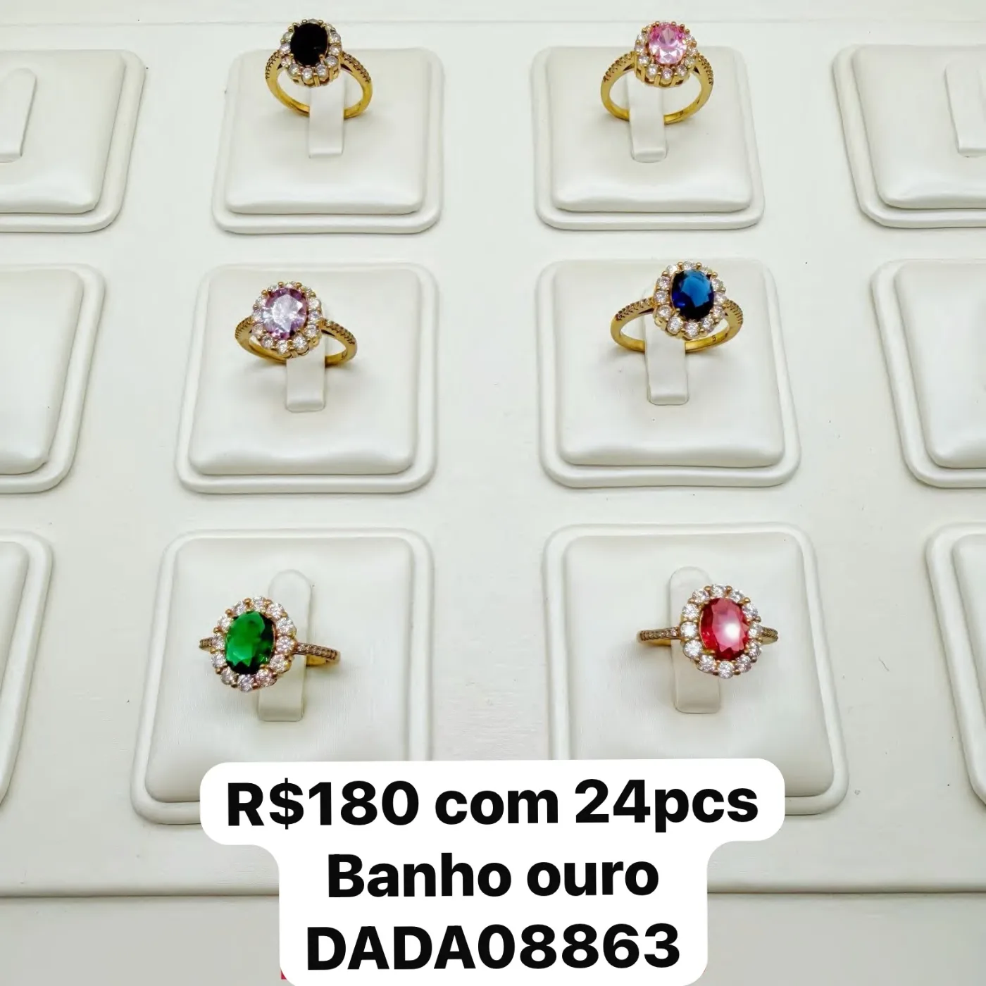 anel oval com pedras coloridas e zircônias