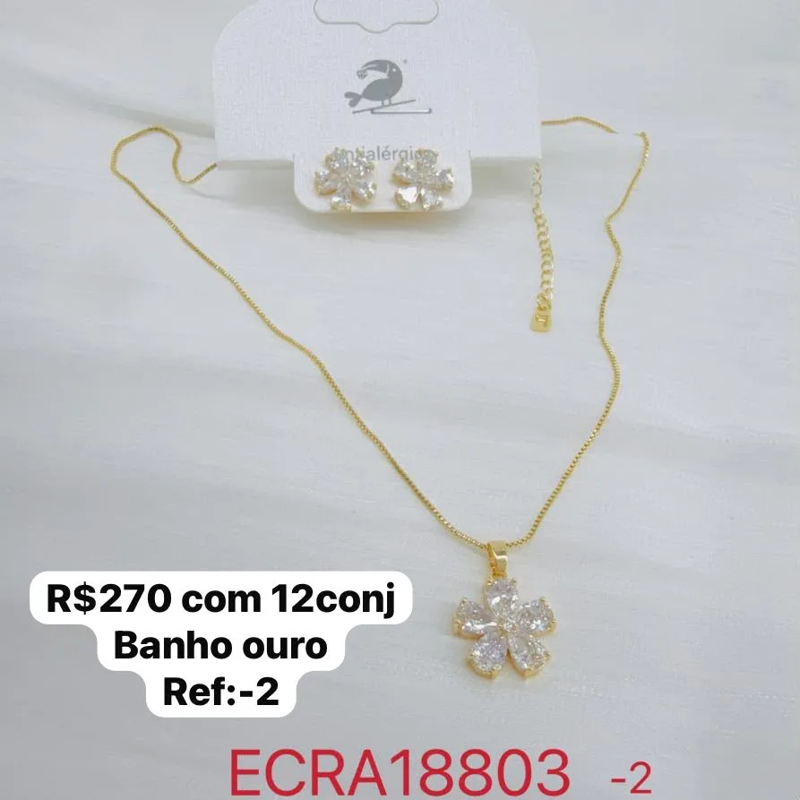 Colar com conjunto colar e brinco flor com pedras
