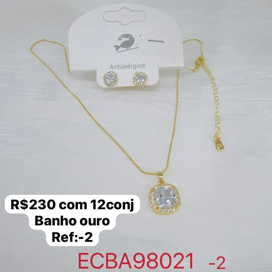 Colar com conjunto de colar e brinco com pedra quadrada