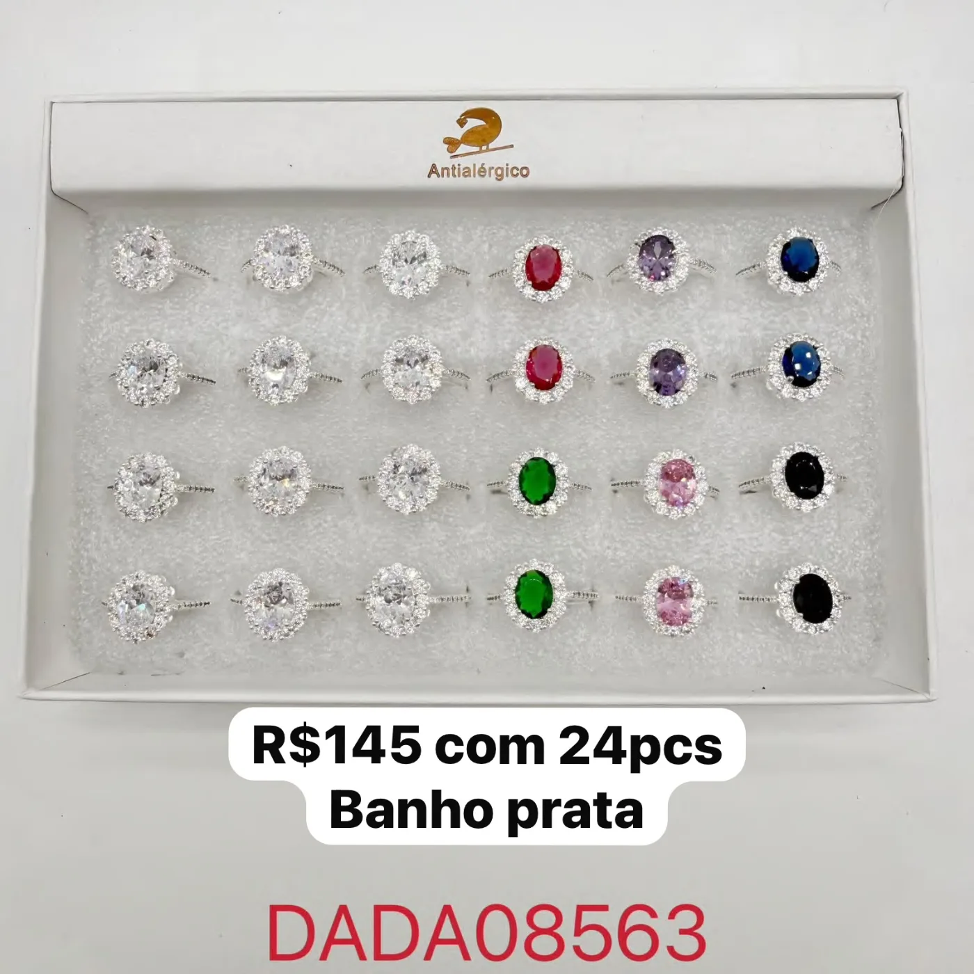 anel oval com pedras coloridas e zircônias