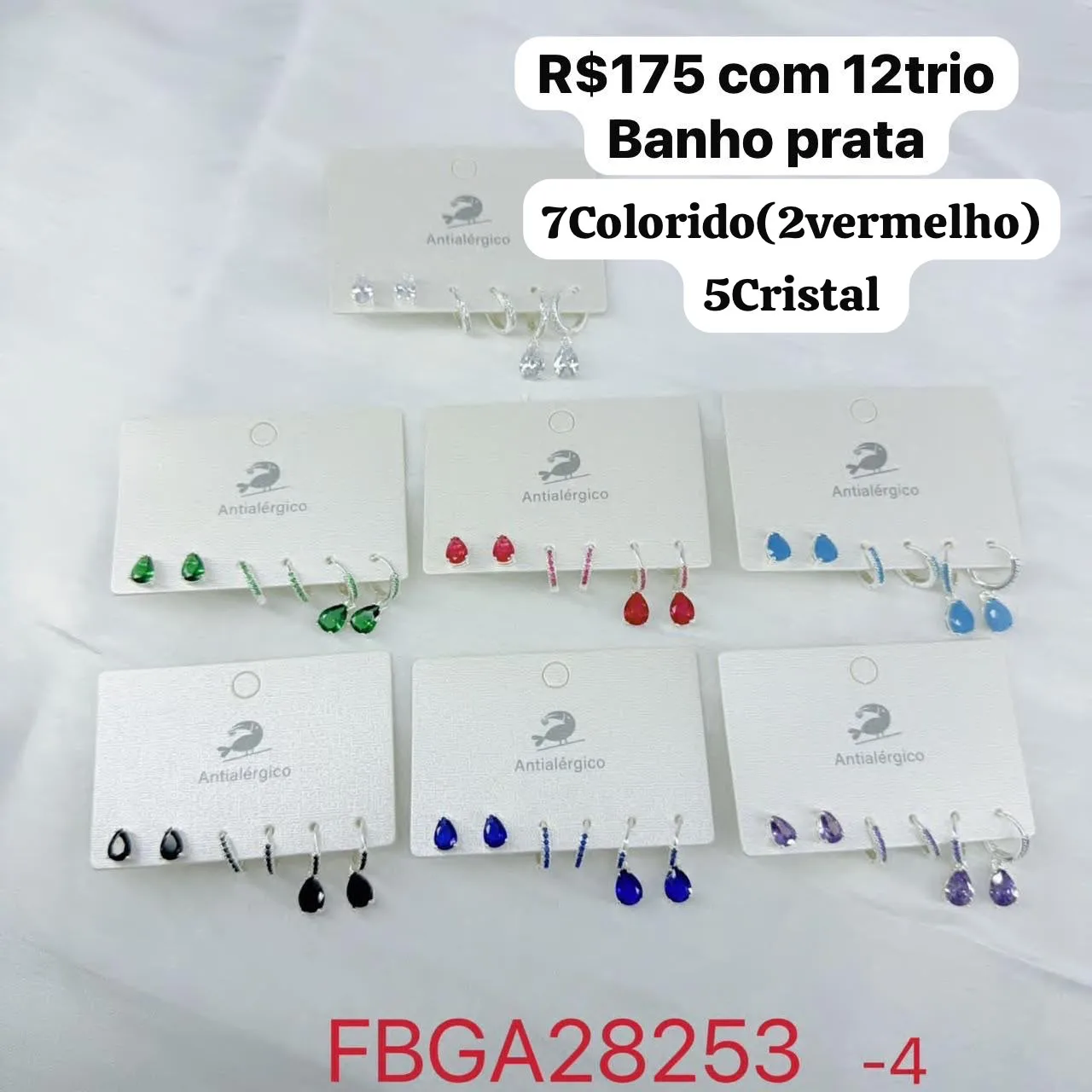 conjunto de brincos com pedras coloridas em banho prata
